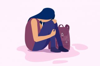 Vector of a depressed sad girl sitting on the floor, student with backpack.